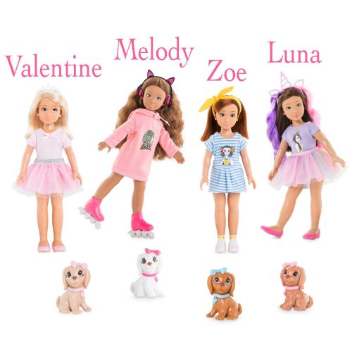 Corolle Girls dukkerne Valentine, Melody, Zoe og Luna med deres hundehvalpe.