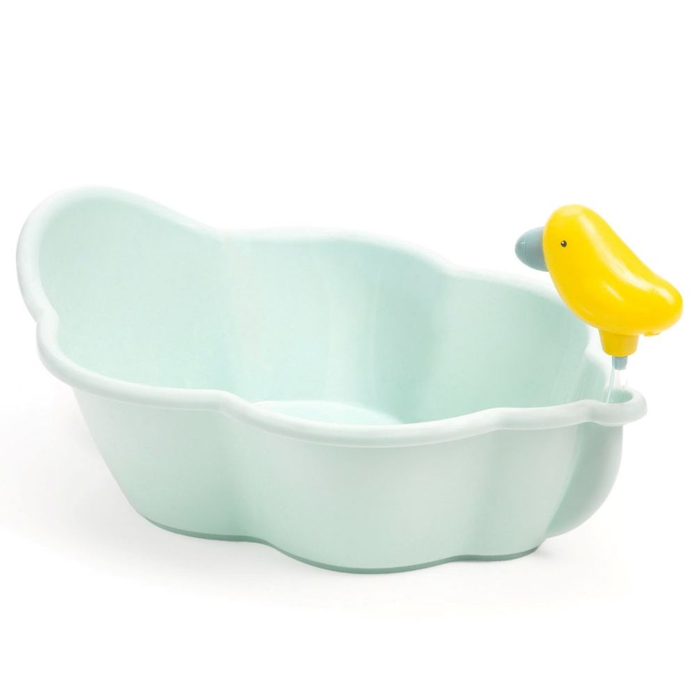 Djeco badekar til dukker. Badekaret har et gult brusehoved formet som en fugl. 