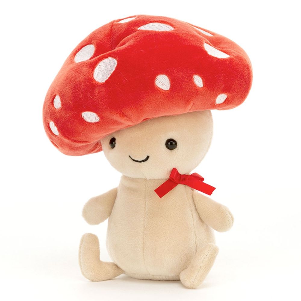 Jellycat Bamse Fun-Guy. Bamsen er en rød fluesvamp med et smilende ansigt.
