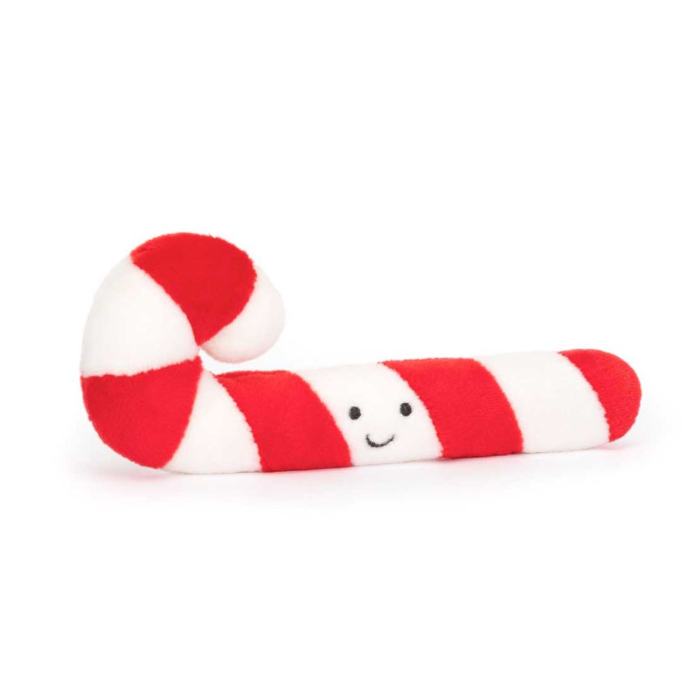 Jellycat slikstok bamse med broderet smilende ansigt og striber i rød og hvid.