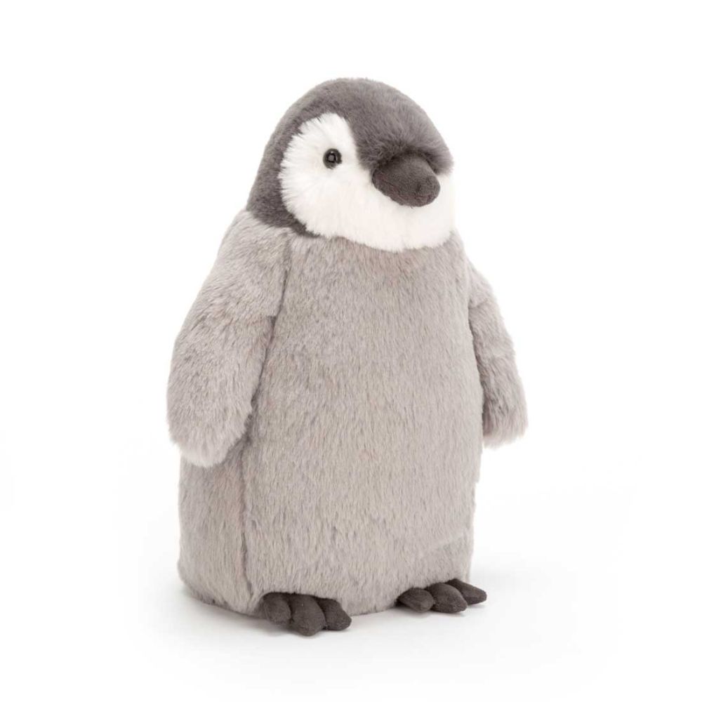 Baby Percy pingvin af grå plys med næb og fødder fra Jellycat.