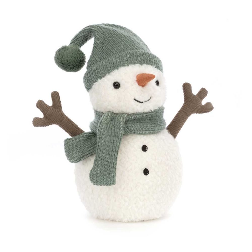 Lille snemand med grønt halstørklæde og hue. Bamse fra Jellycat.
