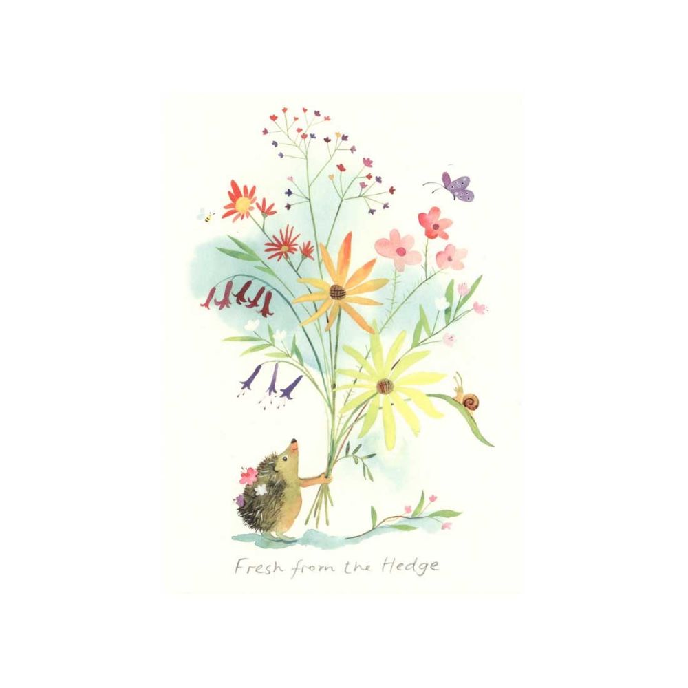 Dobbeltkort inkl. kuvert med illustration af pindsvin med buket og teksten "Fresh from the Hedge"