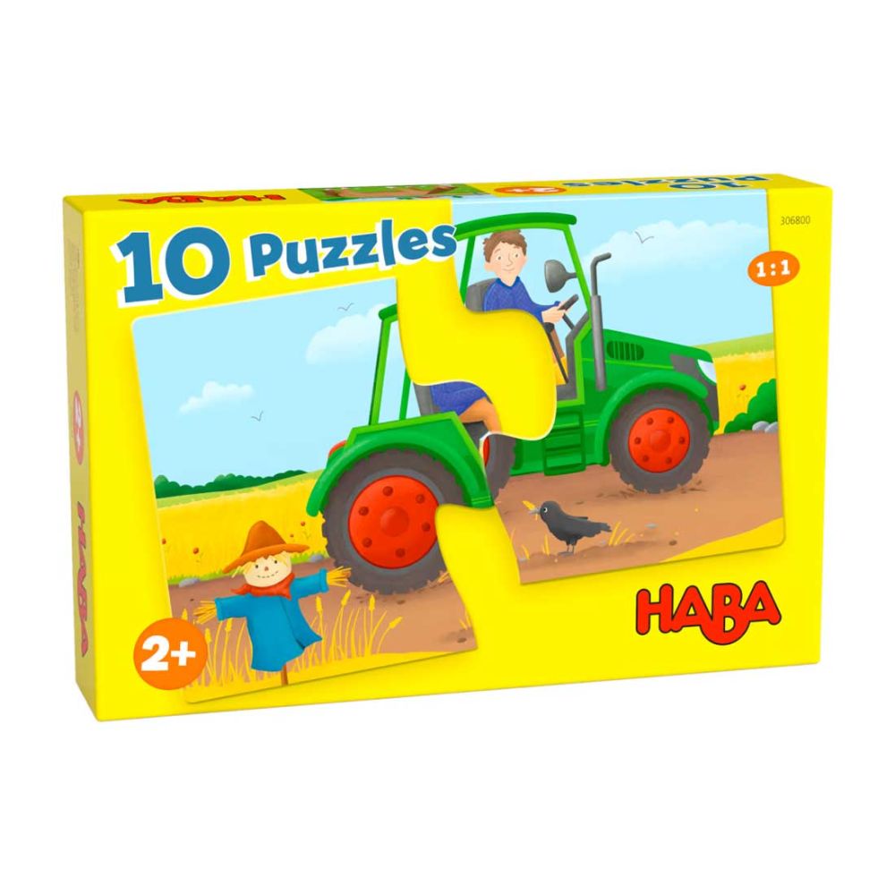 10 puslespil til små børn 2+. Hvert puslespil består af 2 brikker og forestiller livet på bondegården.