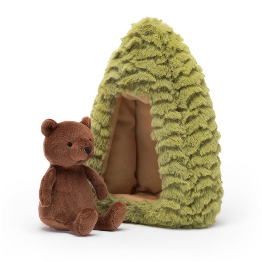 Jellycat bamse i brun, der går i hi i sin lille hule