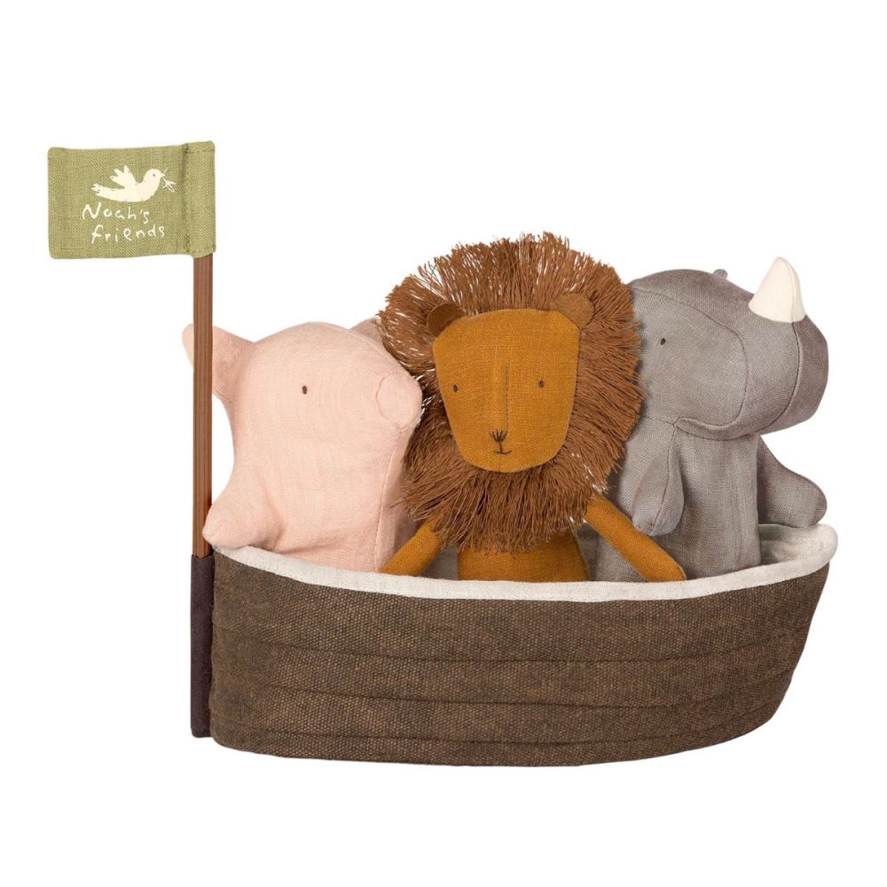 Maileg Noah's ark i stof med 3 mini bamser som gris, løve og næsehorn