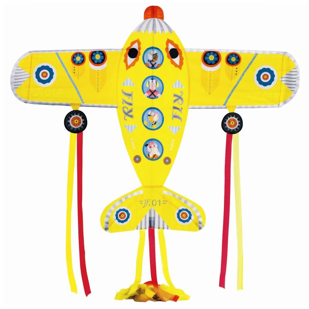 Djeco drage flyver i gul nylon  med flotte detaljer i rød, blå og grå