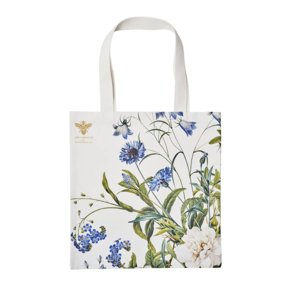 Elegant Jim Lyngvild stofpose med blå og hvide blomster 