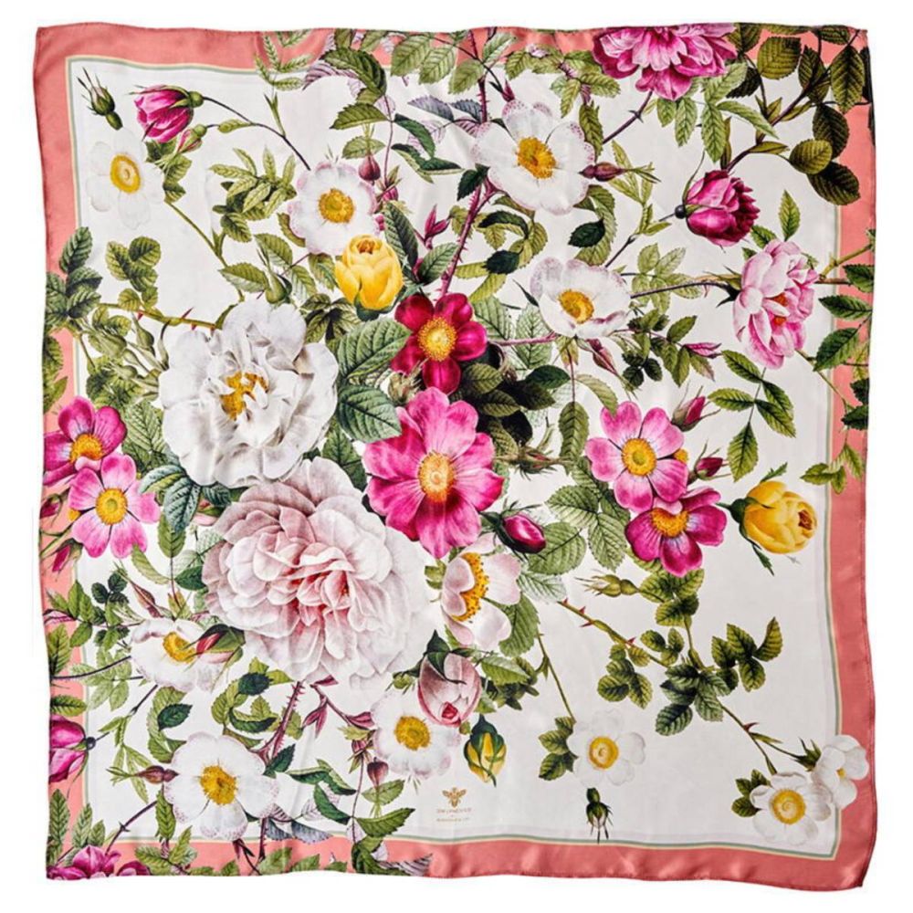 Tørklæde med Jim Lyngvild blomster i flotte farver lavet i 100% silke