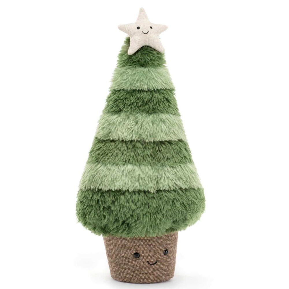 Stor Jellycat juletræ med lyse og mørke grønne farver samt en sølv stjerne på toppen.