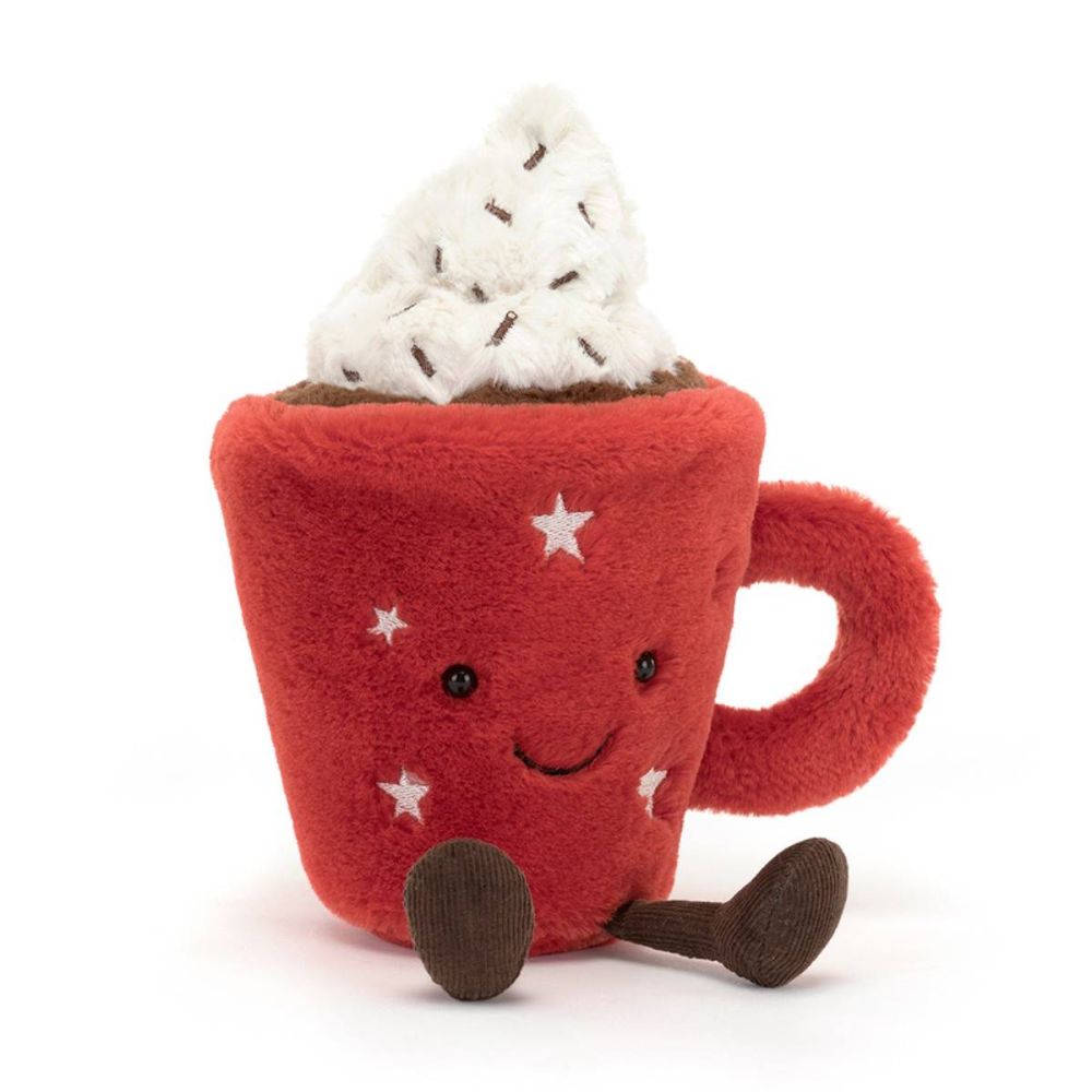 Jellycat varm chokolade bamse med flødeskum i rød kop med hvide stjerner