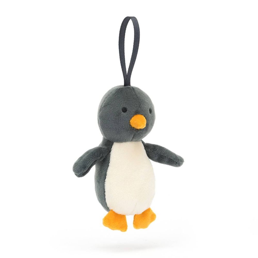Jellycat Folly ophæng, pingvin 10 cm med gult næb og fødder. Mini julebamse