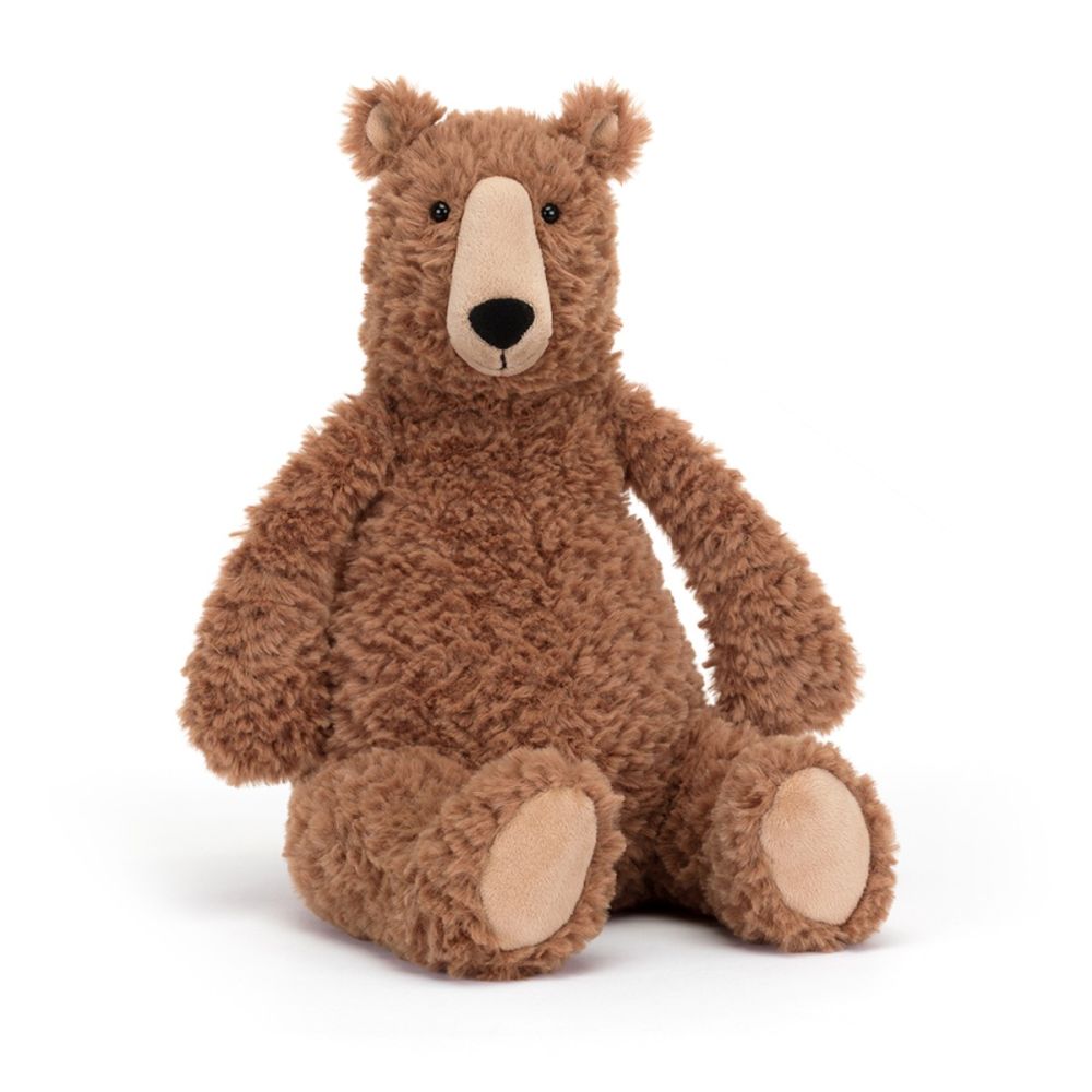 Jellycat bamse bjørn med sødt udtryk lavet i blødt brunt plys med lysebrune detaljer