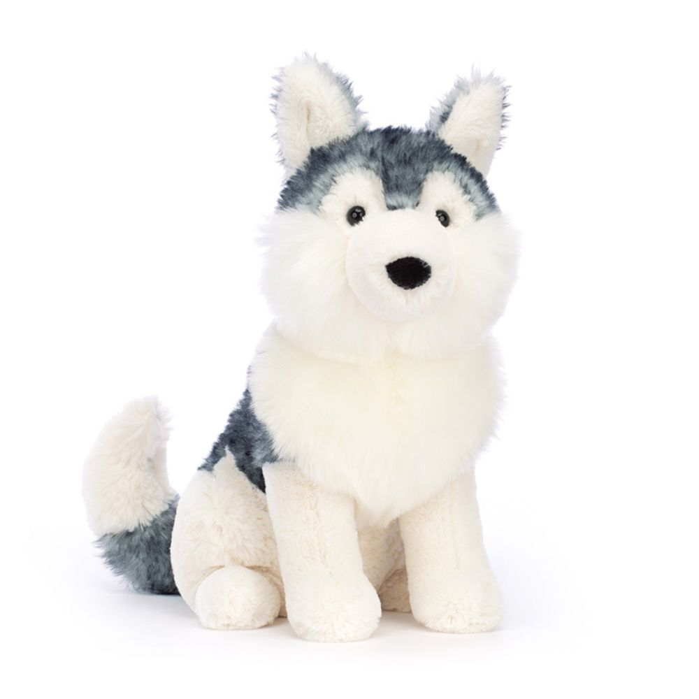 Jellycat Husky hunde bamse med blå og hvid plys og et mildt udtryk
