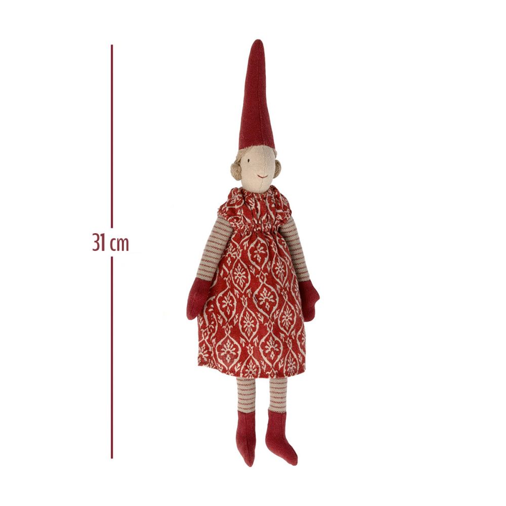Maileg mini nisse i rød kjole med mønster size 2