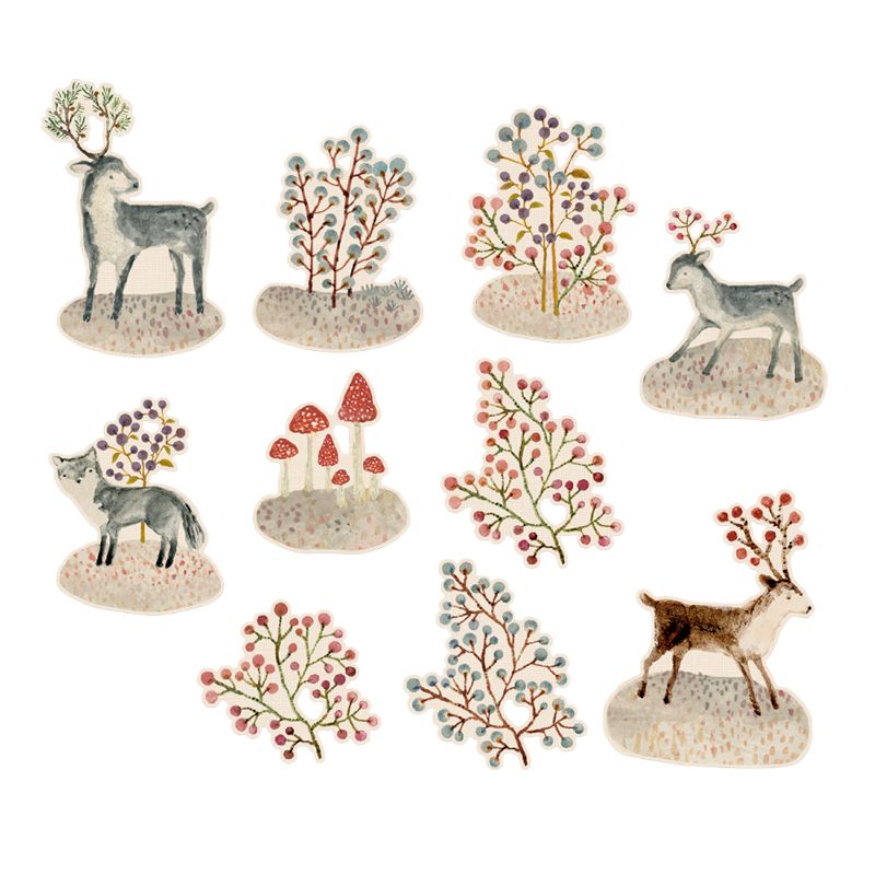 Maileg gavemærker Winter Wonderland formet som rensdyr, ræv og flotte planter.