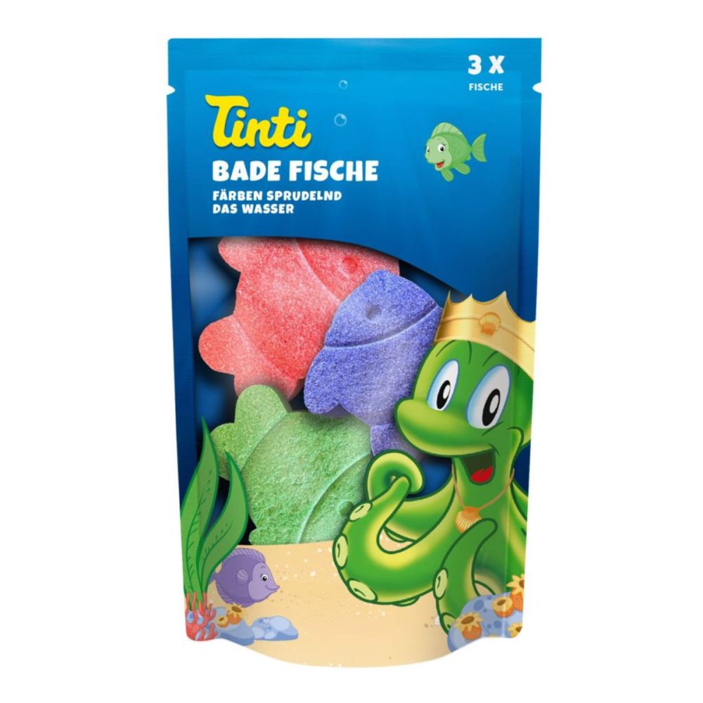 Tinti badebomber formet som fisk i lilla, lyserød og grøn.