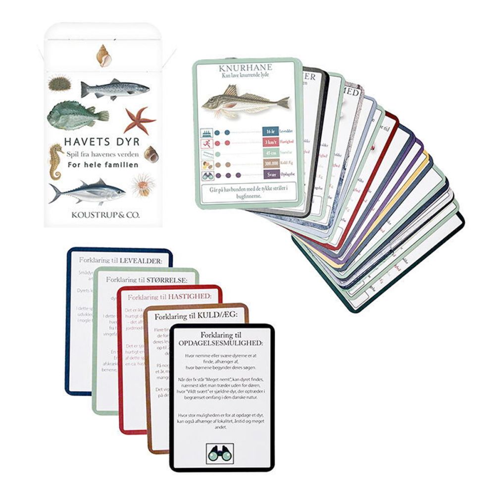 Farverigt kortspil med havets dyr flot illustreret. Spillet er en nytænkt version af spillet "Krig".