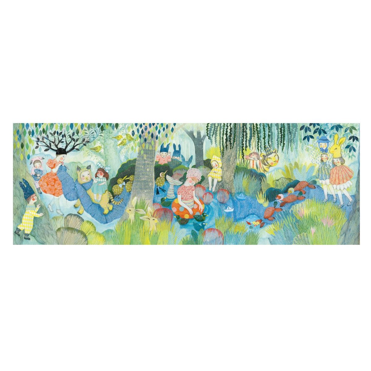 Stort rektangulært puslespil med farverig og livlig illustration. Puslespillet med 350 brikker måler 97 x 33 cm, når det er lagt.