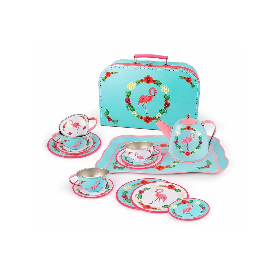 kuffert til børn med service i aluminium dekoreret med flotte flamingoer sættet består af 15 dele