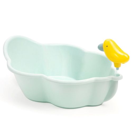 Djeco badekar til dukker. Badekaret har et gult brusehoved formet som en fugl. 