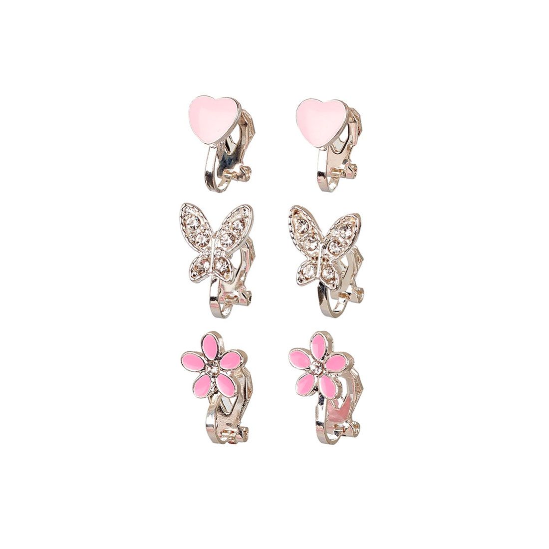 Pascalle øreringe med clips i lyserøde farver og 3 forskellige sæt: hjerte, sommerfugl og blomst.