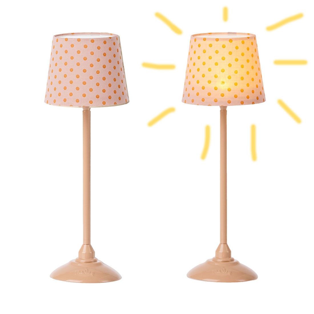 Miniature gulvlampe i mørk pudder fra Maileg, der kan lyse.