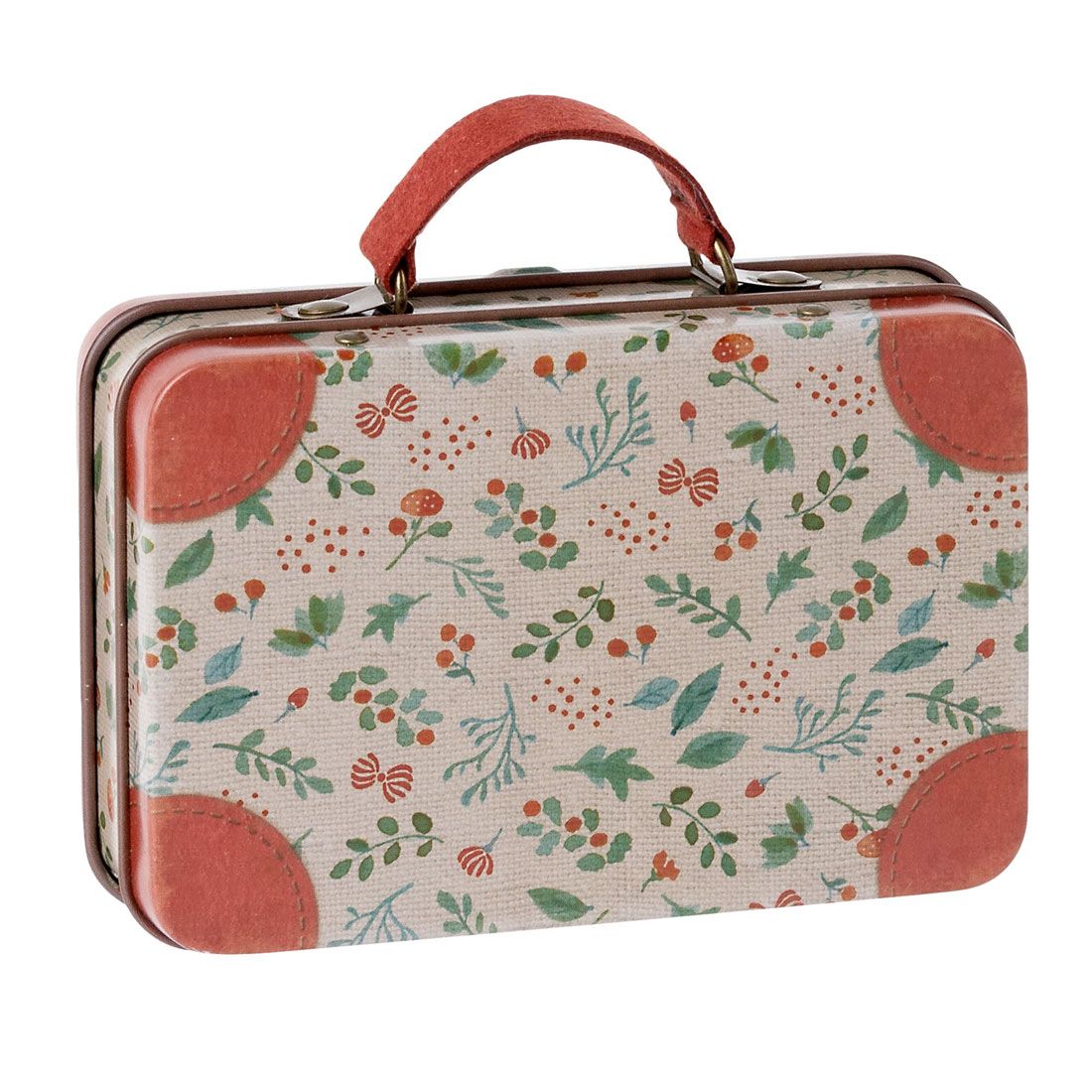 Mini metal kuffert fra Maileg med grene og bær. Kufferten har en rød hank.