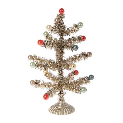 Maileg lille guld juletræ med julekugler i flotte farver med sølv juletræsfod. 