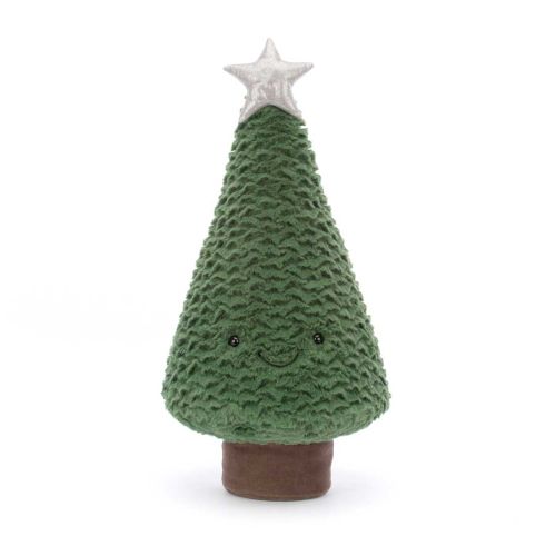 Jellycat juletræ i ædelgran. Juletræet er mørkegrønt med en sølv glimmer stjerne og sødt smil.