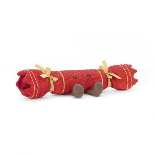 Rød juleknallert bamse fra Jellycat. Knallerten er pyntet med guld sløjfer.