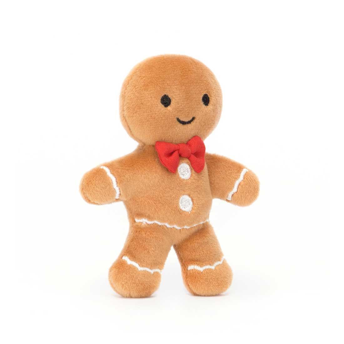 Mini Jellycat peberkage bamse med broderet detaljer og en lille rød sløjfe om halsen