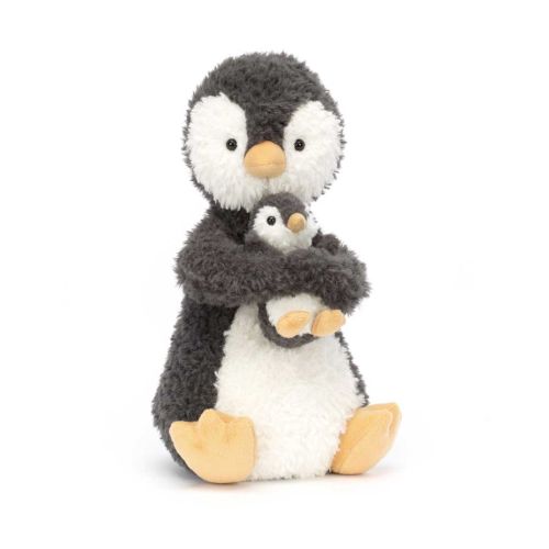 Jellycat pingvin der krammer sin lille unge. Begge er sorte med hvide detaljer samt gule fødder og næb.