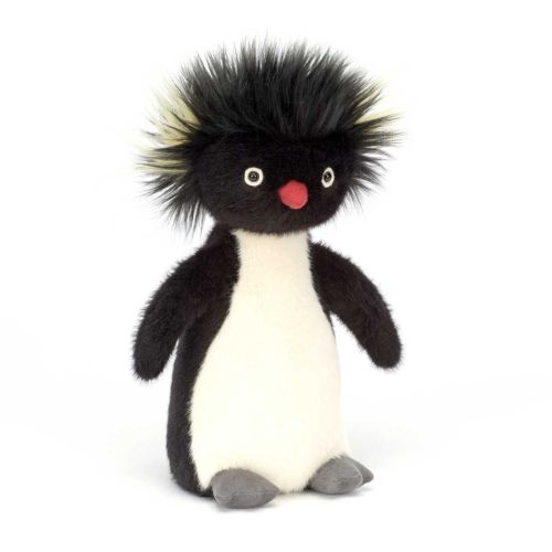 Jellycat Rockhopper pingvin bamse med sort plys, stirrende øjne og strithår med gule detaljer.