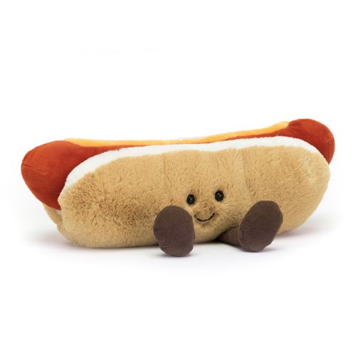 Jellycat hotdog bamse med fødder og smilende ansigt