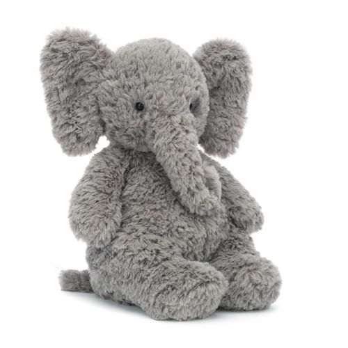 Elefant bamse med glitrende plys, store ører og en krøllet snabel fra Jellycat
