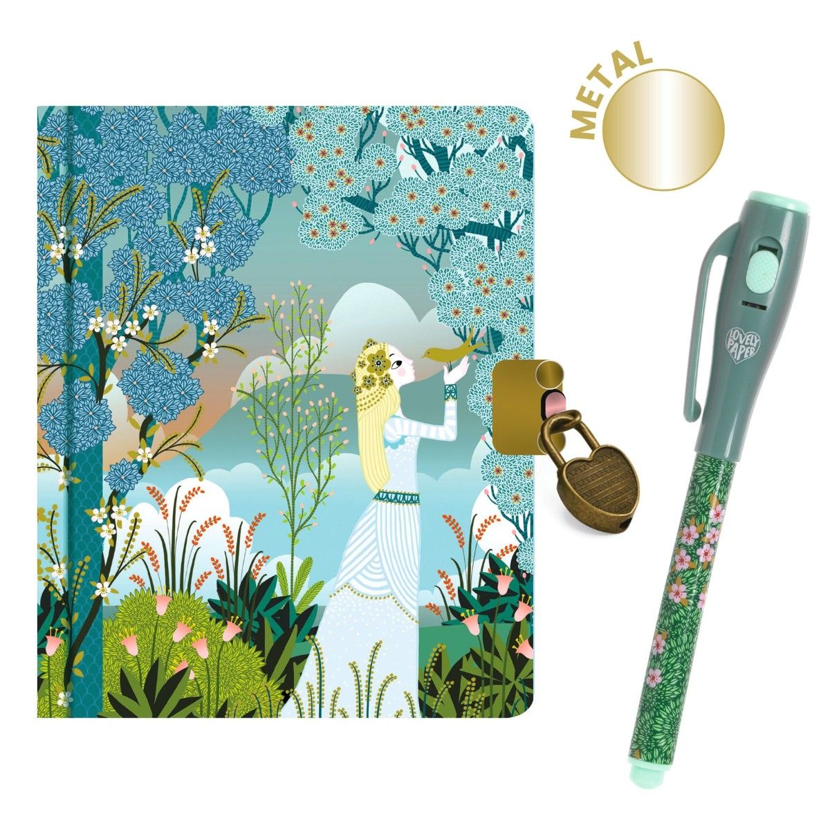 Djeco dagbog med lås og magisk pen i grøn og blå