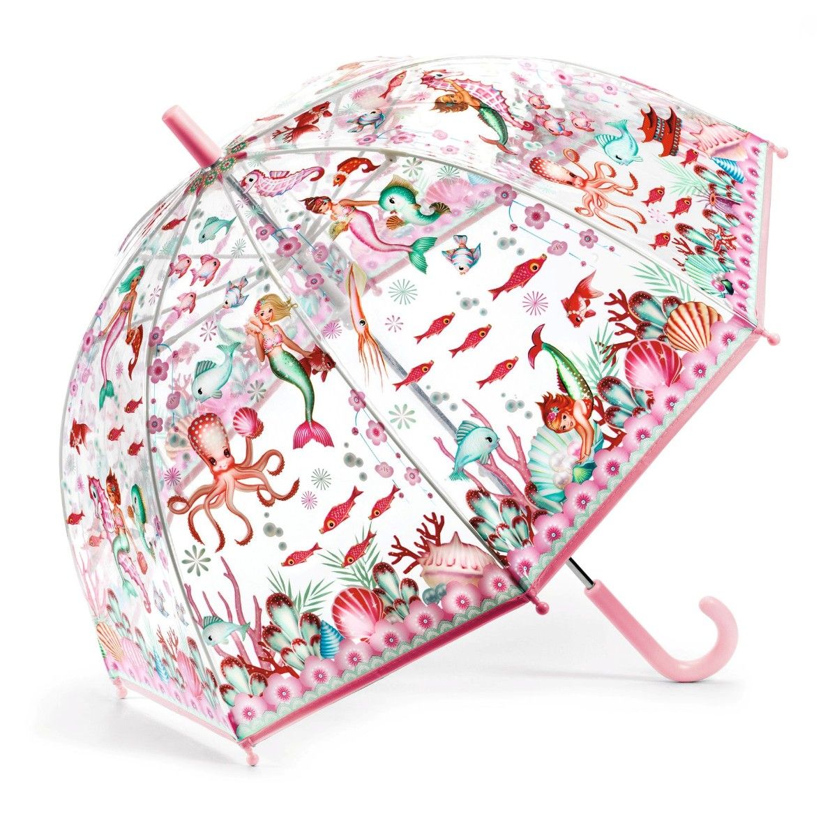 Paraply fra Djeco med havfruer og gennemsigtig baggrund, så man kan orientere sig i regnen