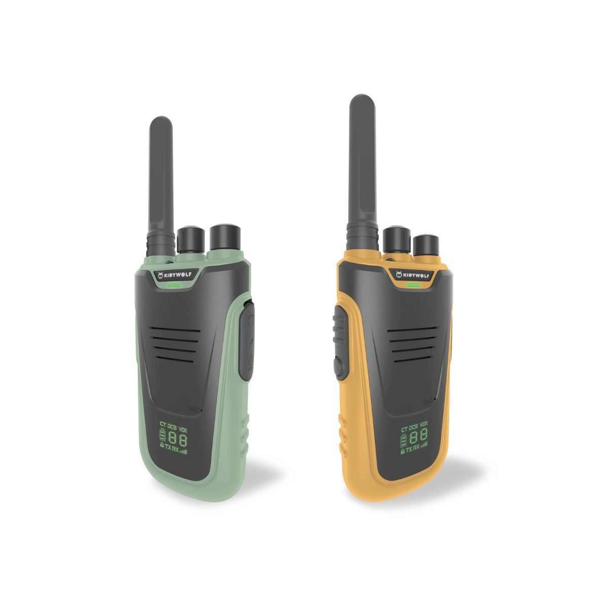 Kidytalk walkie-talkie i orange og grøn med lang rækkevidde