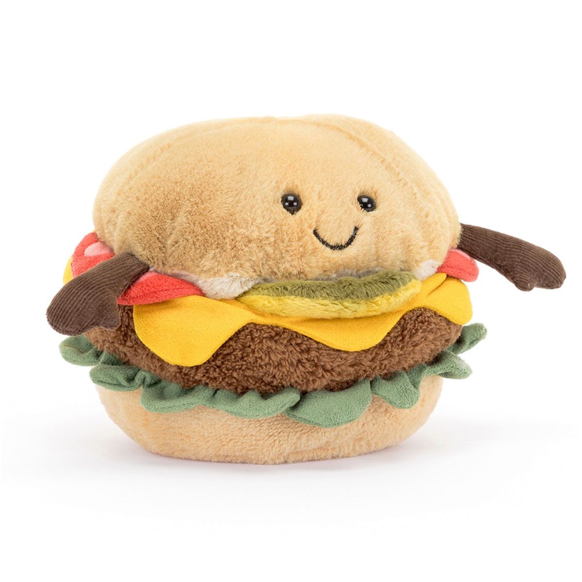 Jellycat burger bamse med fløjlsarme og smilende ansigt