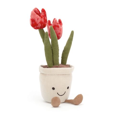 Rød tulipan bamse med 2 tulipaner i en krukke med smilende ansigt.
