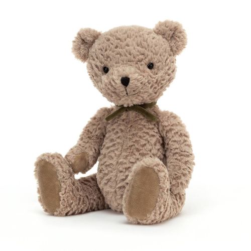 Jellycat retro teddy bjørn bamse i brun plys med grønt halstørklæde