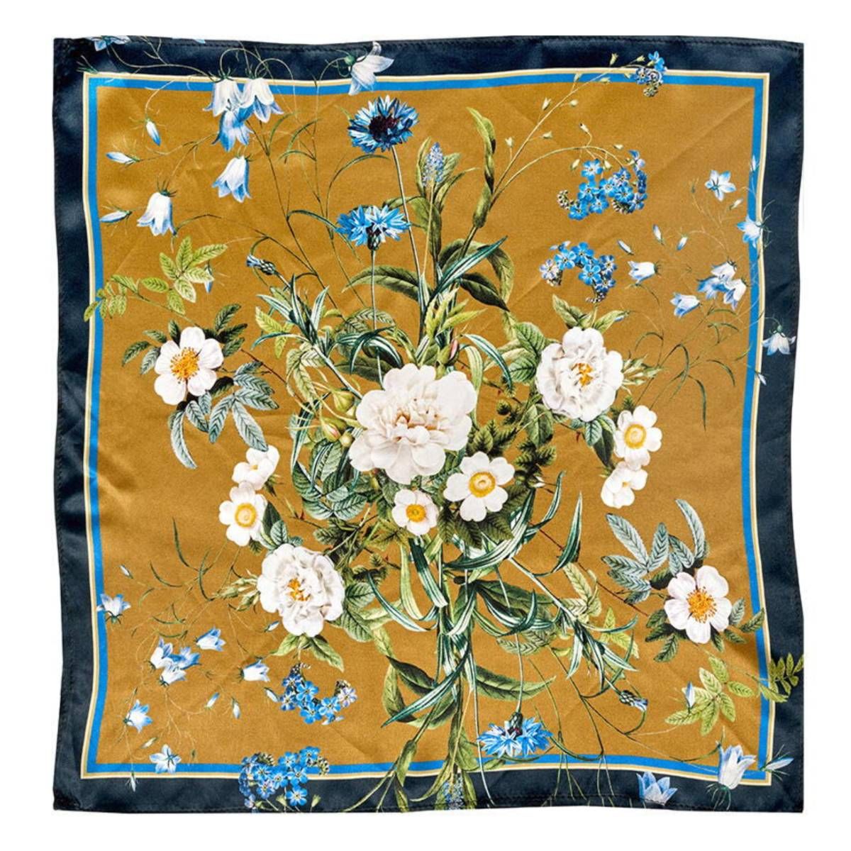 Silketørklæde med guld grundfarve pyntet med blå og hvide blomster designet af Jim Lyngvild