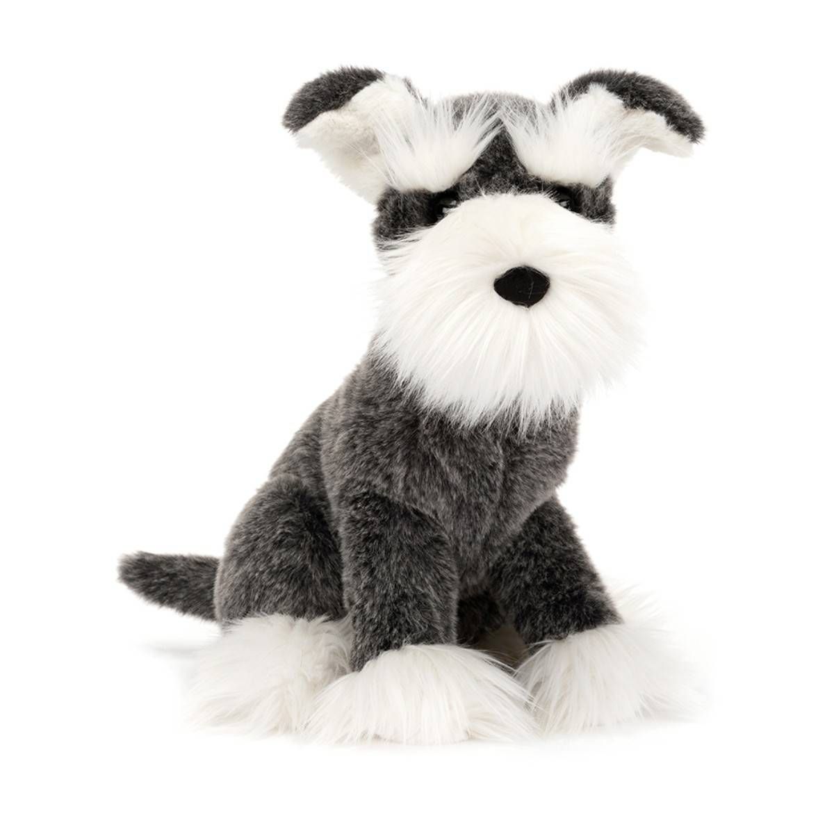 Jellycat schnauzer hund med grå pels og hvid længere pels som skæg, øjenbryn og støvler