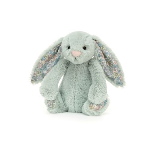 Lille Jellycat kanin bamse i lys sage med blomstrede ører og hvid hale
