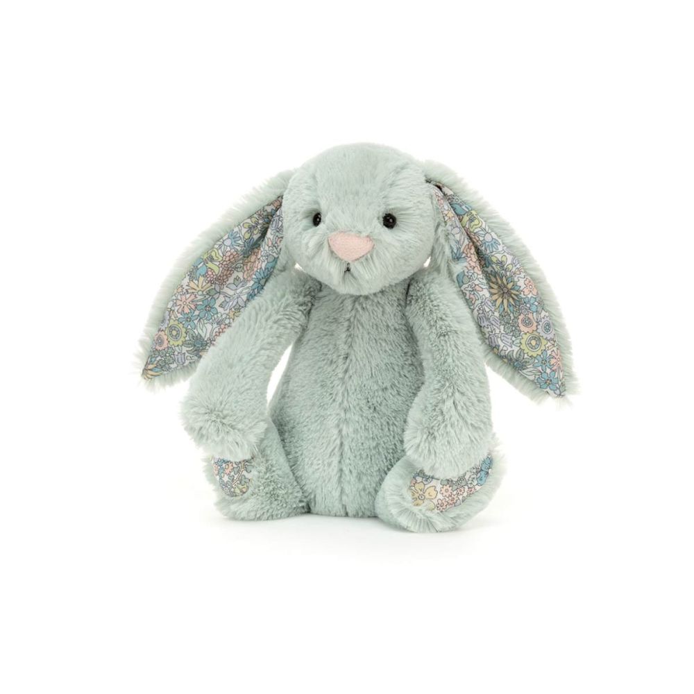 Lille Jellycat kanin bamse i lys sage med blomstrede ører og hvid hale