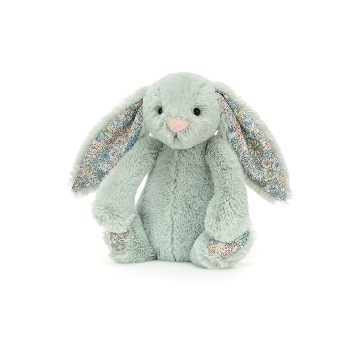 Lille Jellycat kanin bamse i lys sage med blomstrede ører og hvid hale