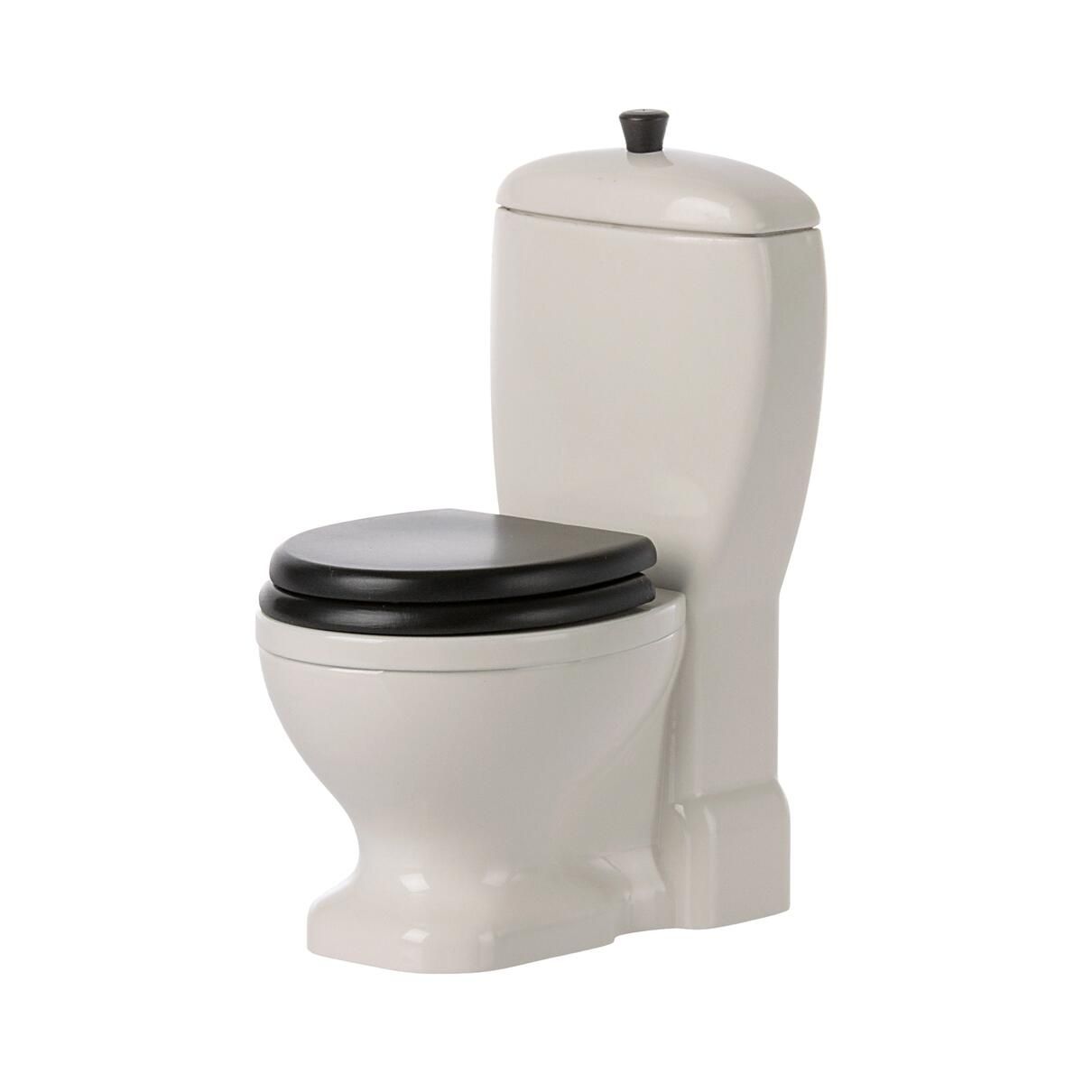Miniature toilet fra Maileg i hvid med blåt toiletbræt