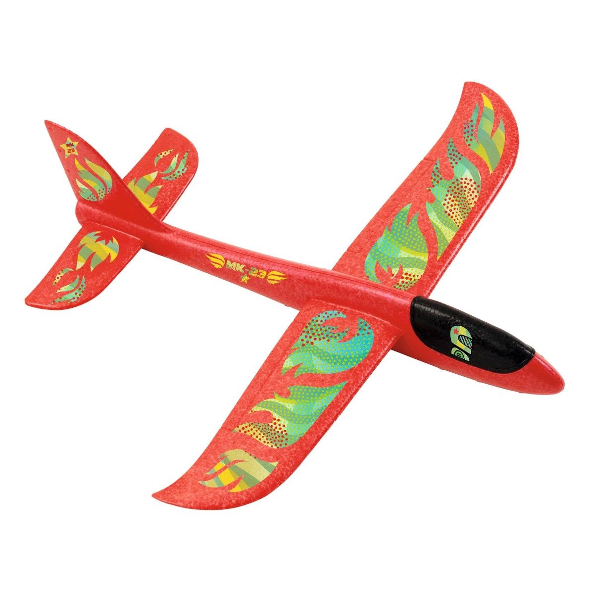 Djeco svæveflyver med vingefang på 47 cm i rød med grønne klistermærker til pynt