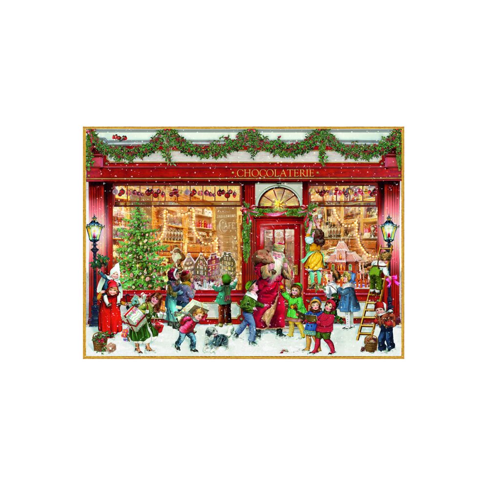 Julekalender med låger Chokoladebutik A4 nostalgisk julemagi